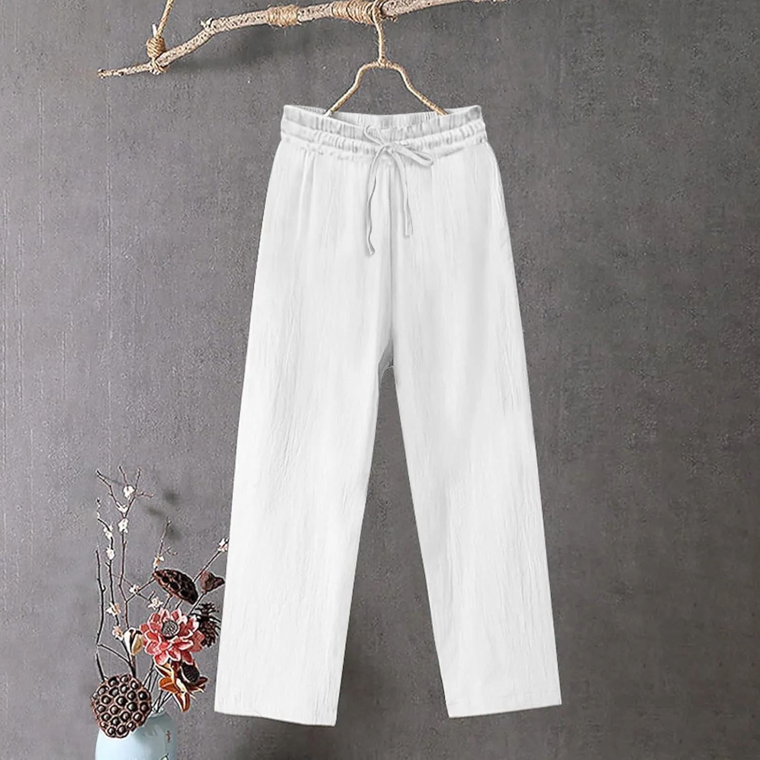 Linen Pants for Women Baggy 2025 Plus Size Straight Leg Pants Wide Leg Solid Palazzo Trousers Beach Travel Outfits