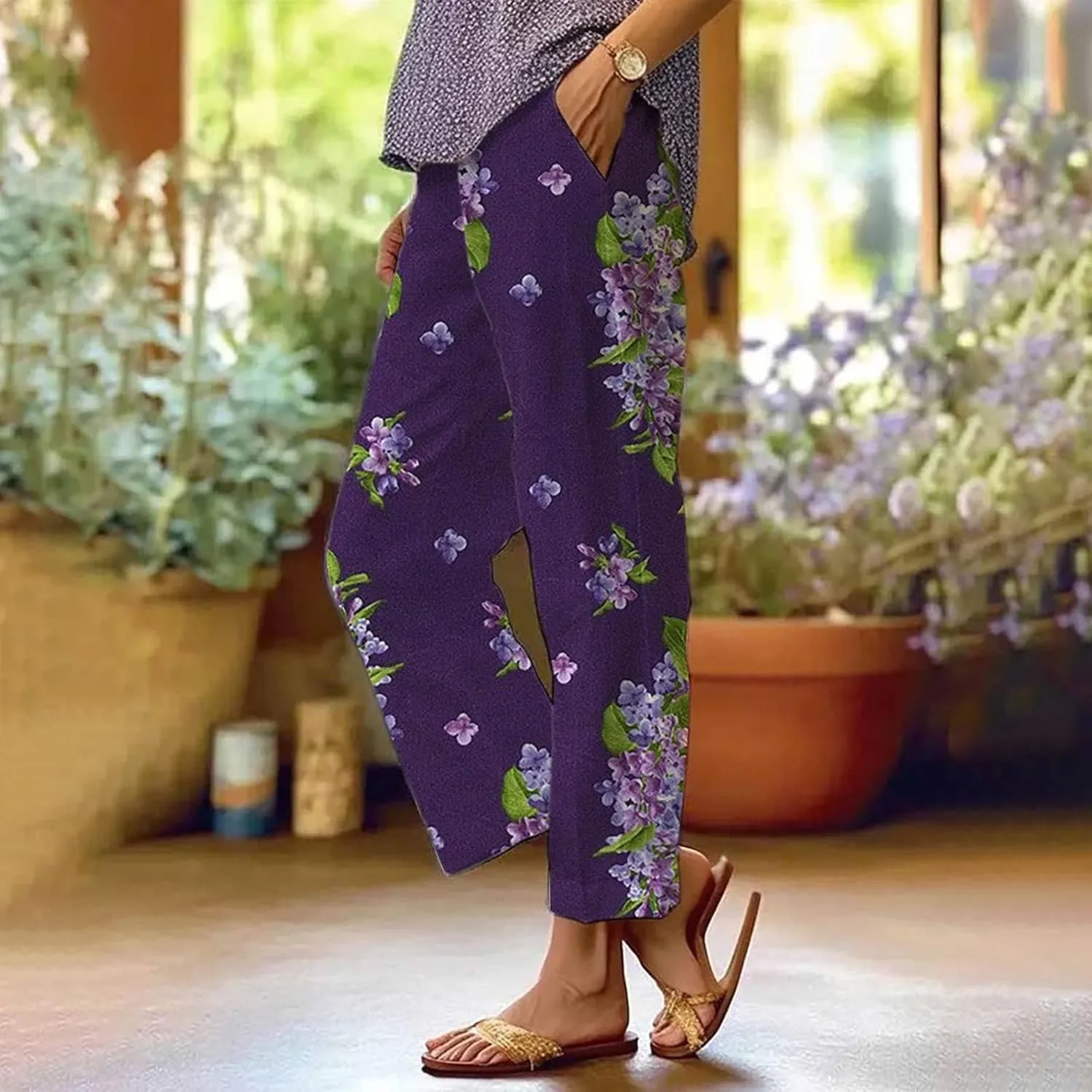 Linen Pants for Women Casual Loose High Waist Wide Leg Palazzo Pants 2025 Summer Boho Floral Lightweight Beach Trousers