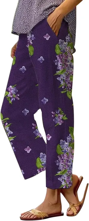 Linen Pants for Women Casual Loose High Waist Wide Leg Palazzo Pants 2025 Summer Boho Floral Lightweight Beach Trousers