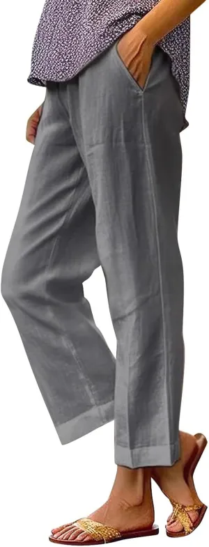 Linen Pants for Women Casual Loose High Waist Wide Leg Palazzo Pants 2025 Summer Boho Floral Lightweight Beach Trousers