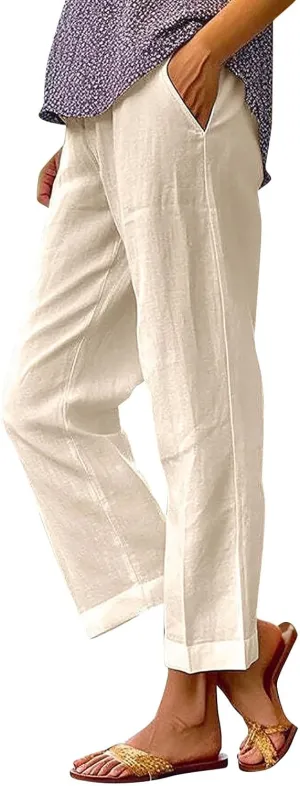 Linen Pants for Women Casual Loose High Waist Wide Leg Palazzo Pants 2025 Summer Boho Floral Lightweight Beach Trousers