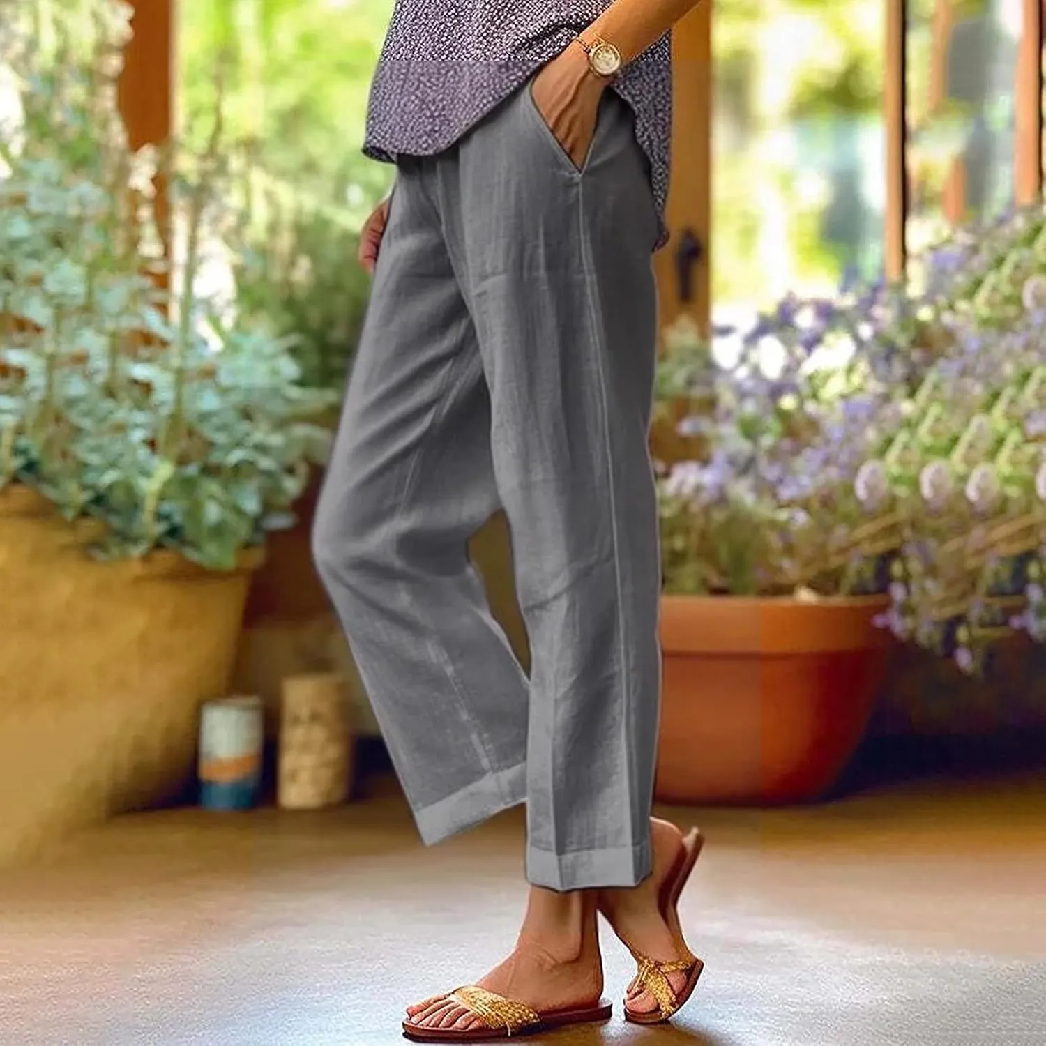 Linen Pants for Women Casual Loose High Waist Wide Leg Palazzo Pants 2025 Summer Boho Floral Lightweight Beach Trousers