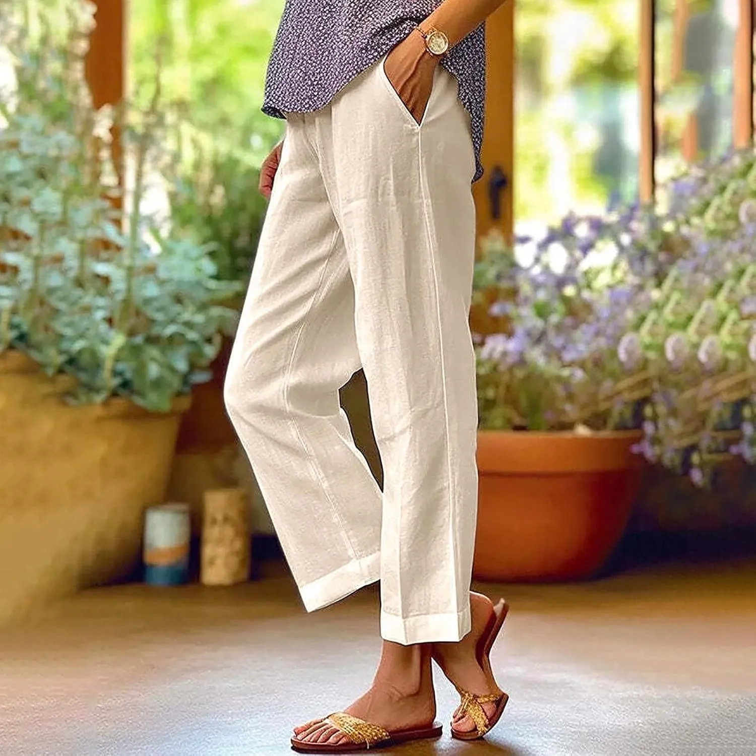 Linen Pants for Women Casual Loose High Waist Wide Leg Palazzo Pants 2025 Summer Boho Floral Lightweight Beach Trousers
