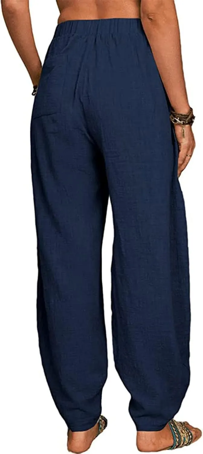 Linen Pants for Women Casual Summer Linen Pants Elastic Waist Pants Loose Tapered Pant Plus Size Trousers with Pocket