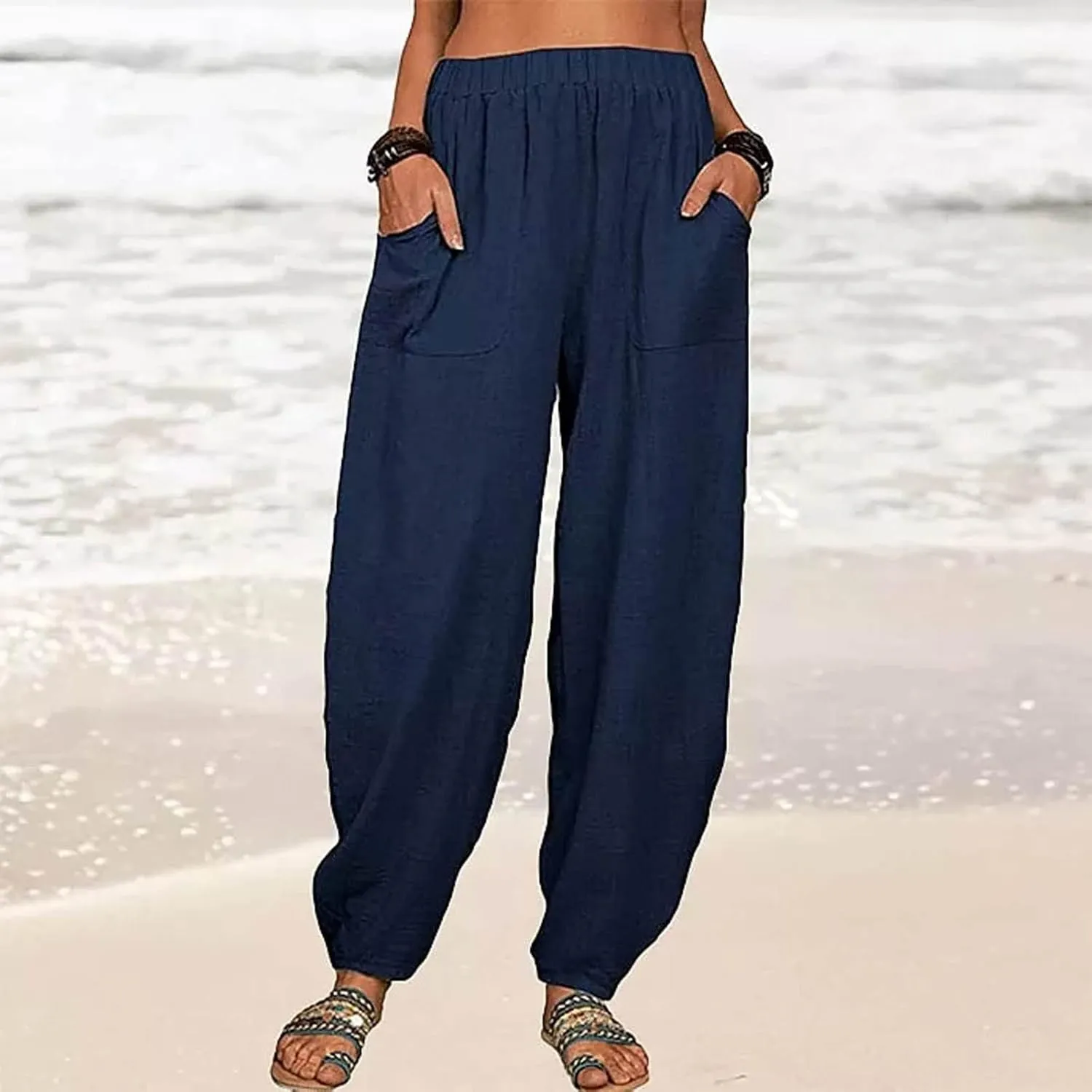Linen Pants for Women Casual Summer Linen Pants Elastic Waist Pants Loose Tapered Pant Plus Size Trousers with Pocket