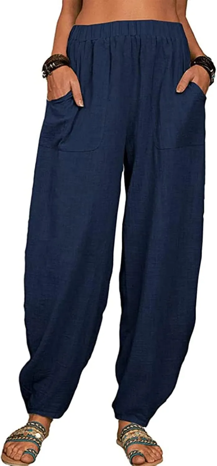 Linen Pants for Women Casual Summer Linen Pants Elastic Waist Pants Loose Tapered Pant Plus Size Trousers with Pocket