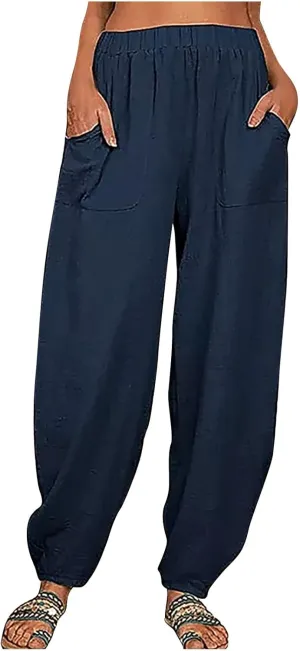 Linen Pants for Women Casual Summer Linen Pants Elastic Waist Pants Loose Tapered Pant Plus Size Trousers with Pocket