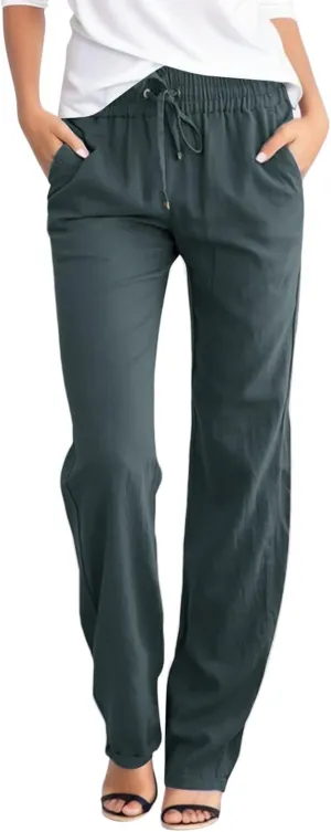 Linen Pants for Women High Waist Casual Wide Leg Pants Drawstring Summer Pants with Pockets Beach Palazzo Pants Trousers, X-Large, #A5-dark Gray