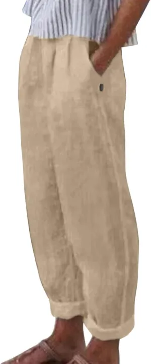 Linen Pants for Women High Waist Wide Leg Pants Loose Fit Summer Beach Pants Lightweight Long Casual Trousers Pocket