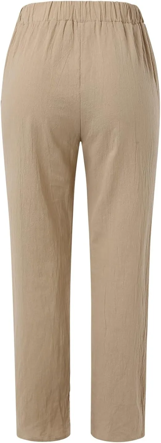 Linen Pants for Women High Waist Wide Leg Pants Loose Fit Summer Beach Pants Lightweight Long Casual Trousers Pocket