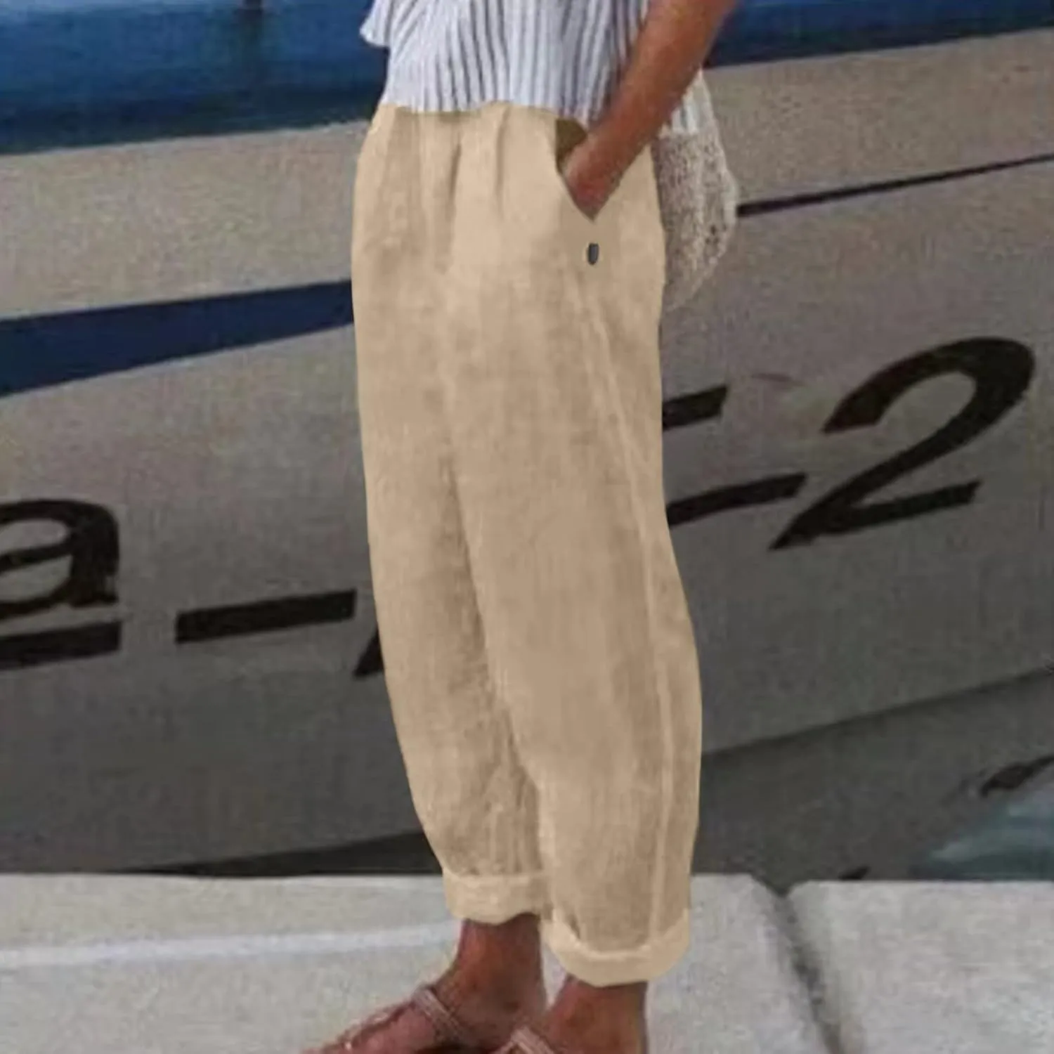 Linen Pants for Women High Waist Wide Leg Pants Loose Fit Summer Beach Pants Lightweight Long Casual Trousers Pocket