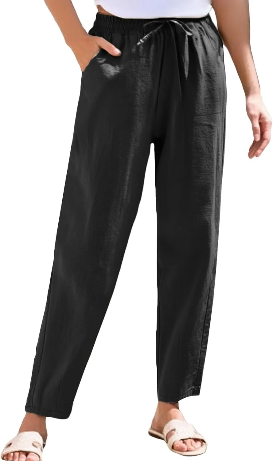 Linen Pants for Women Summer Beach Lounge Elastic Drawstring Casual Trousers with Pockets Travel Vacation