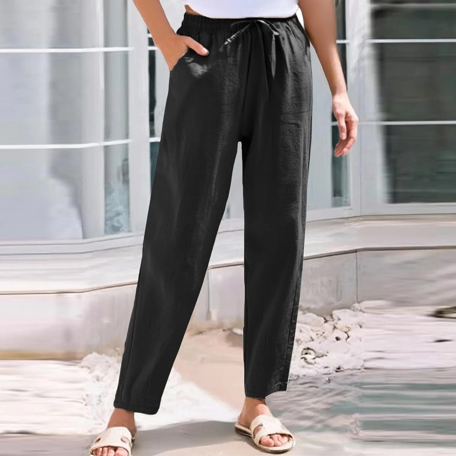 Linen Pants for Women Summer Beach Lounge Elastic Drawstring Casual Trousers with Pockets Travel Vacation
