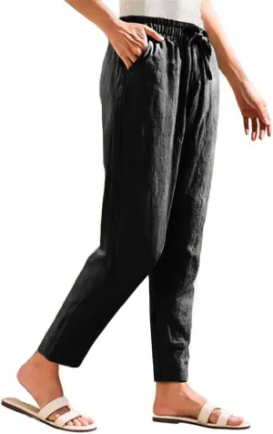 Linen Pants for Women Summer Beach Lounge Elastic Drawstring Casual Trousers with Pockets Travel Vacation