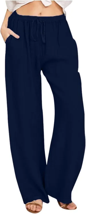Linen Pants for Women Summer Beach Wide Leg Lounge Pant Elastic Drawstring Casual Trousers with Pockets