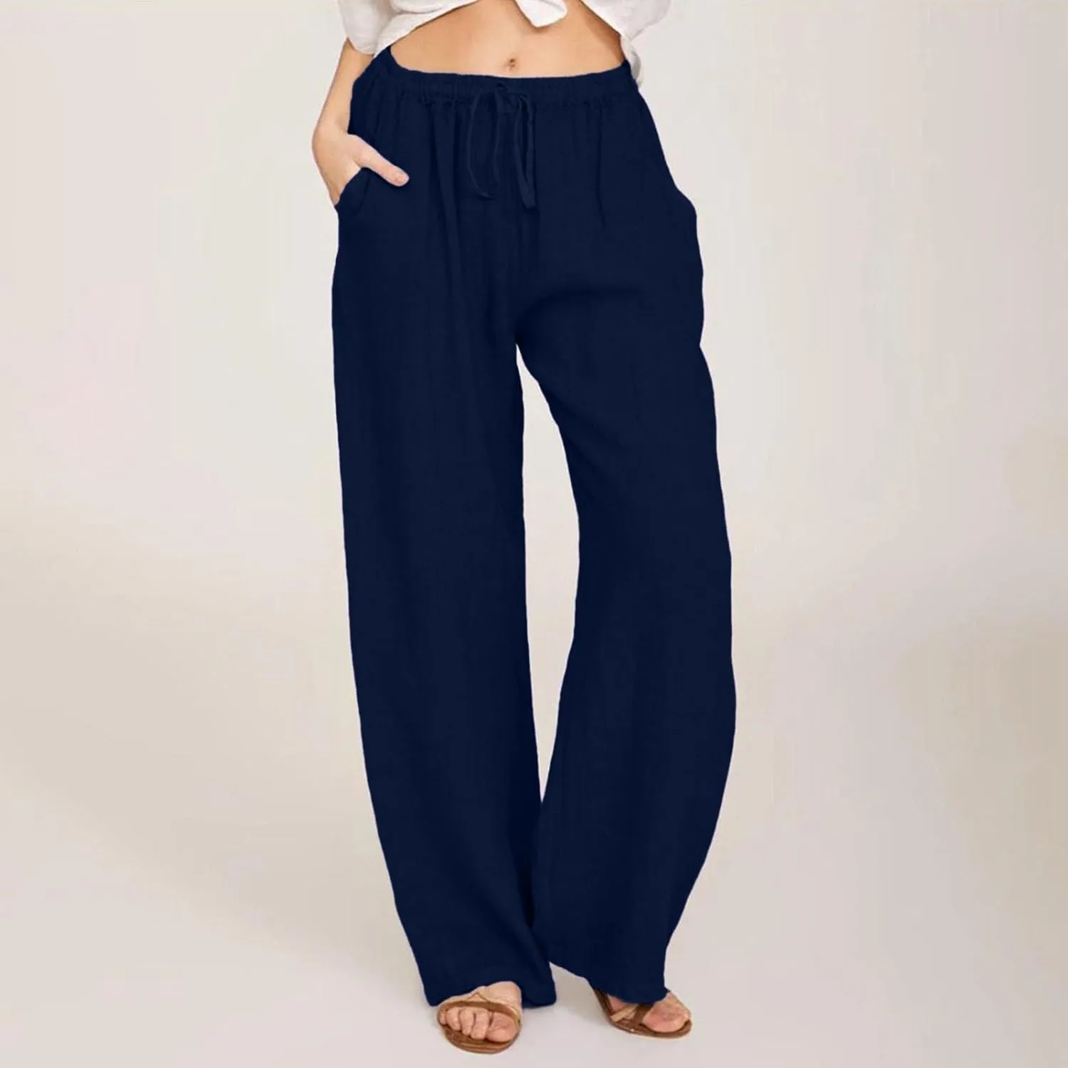 Linen Pants for Women Summer Beach Wide Leg Lounge Pant Elastic Drawstring Casual Trousers with Pockets