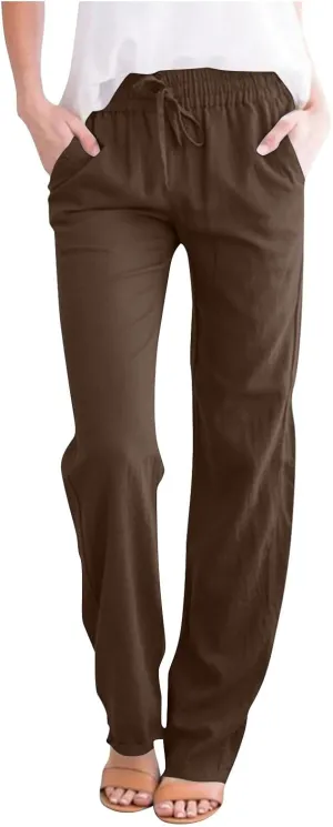 Linen Pants for Women Summer Casual Elastic Drawstring Waist Lightweight Pants Solid Wide Leg Trousers with Pockets