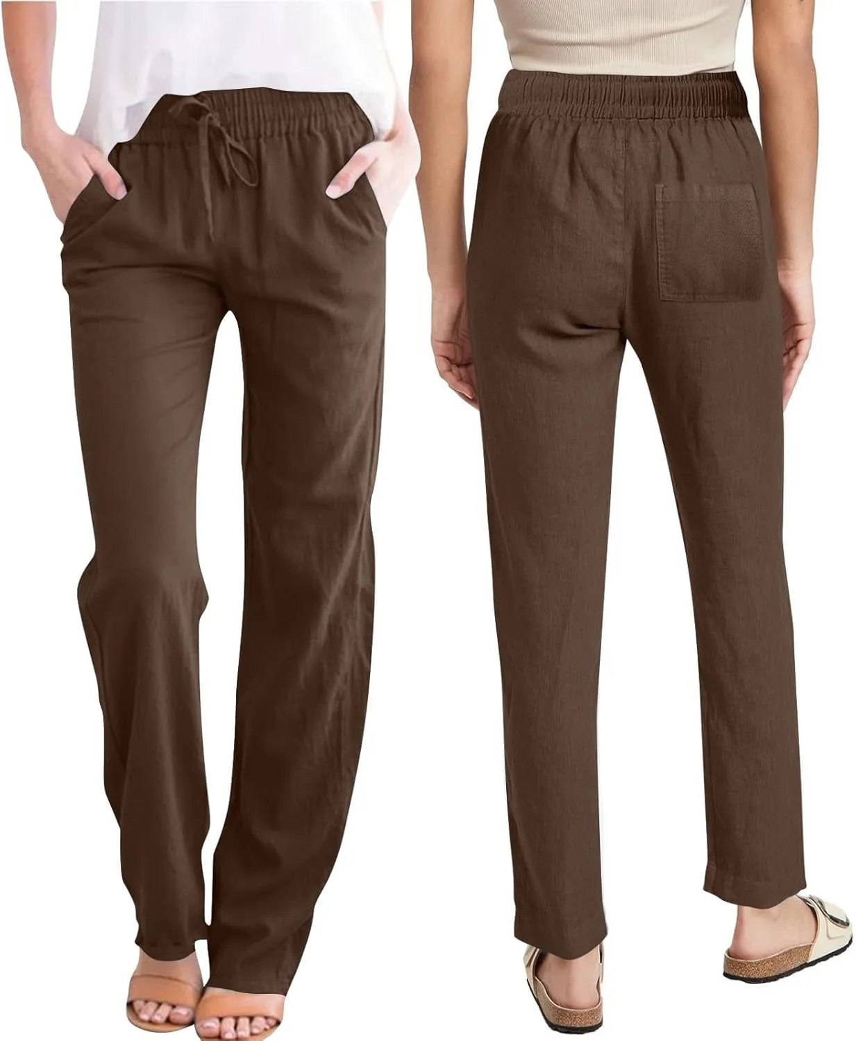Linen Pants for Women Summer Casual Elastic Drawstring Waist Lightweight Pants Solid Wide Leg Trousers with Pockets