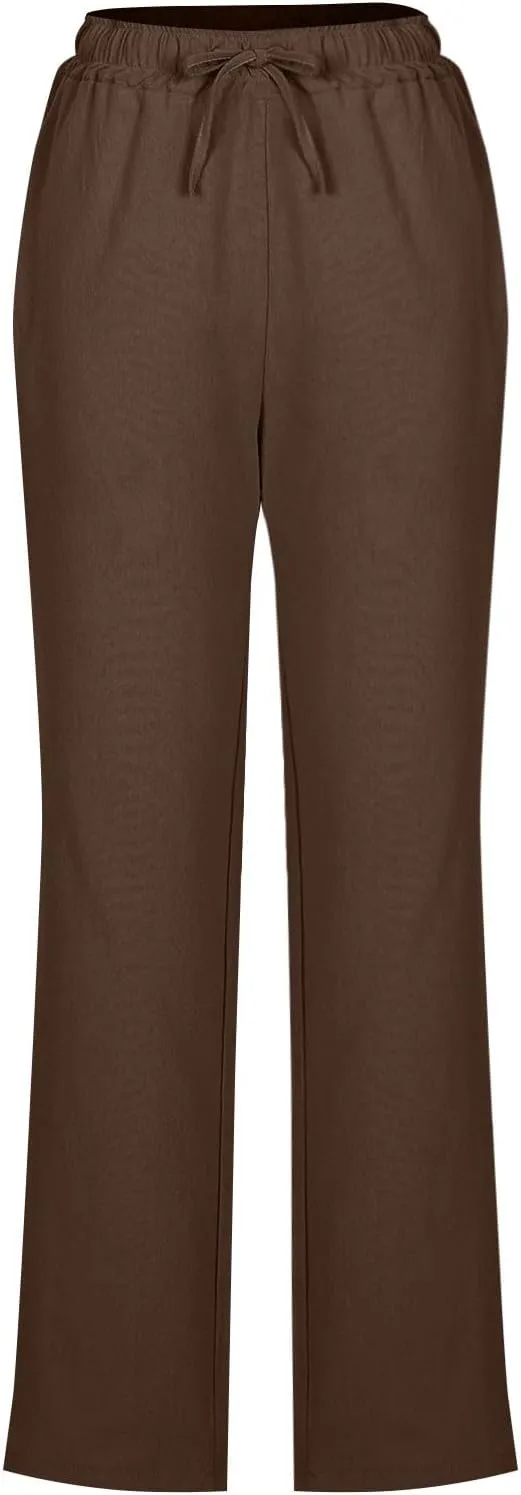 Linen Pants for Women Summer Casual Elastic Drawstring Waist Lightweight Pants Solid Wide Leg Trousers with Pockets