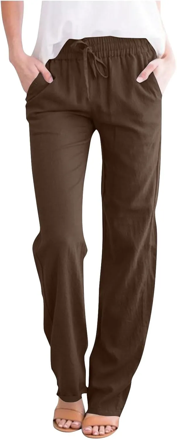 Linen Pants for Women Summer Casual Elastic Drawstring Waist Lightweight Pants Solid Wide Leg Trousers with Pockets