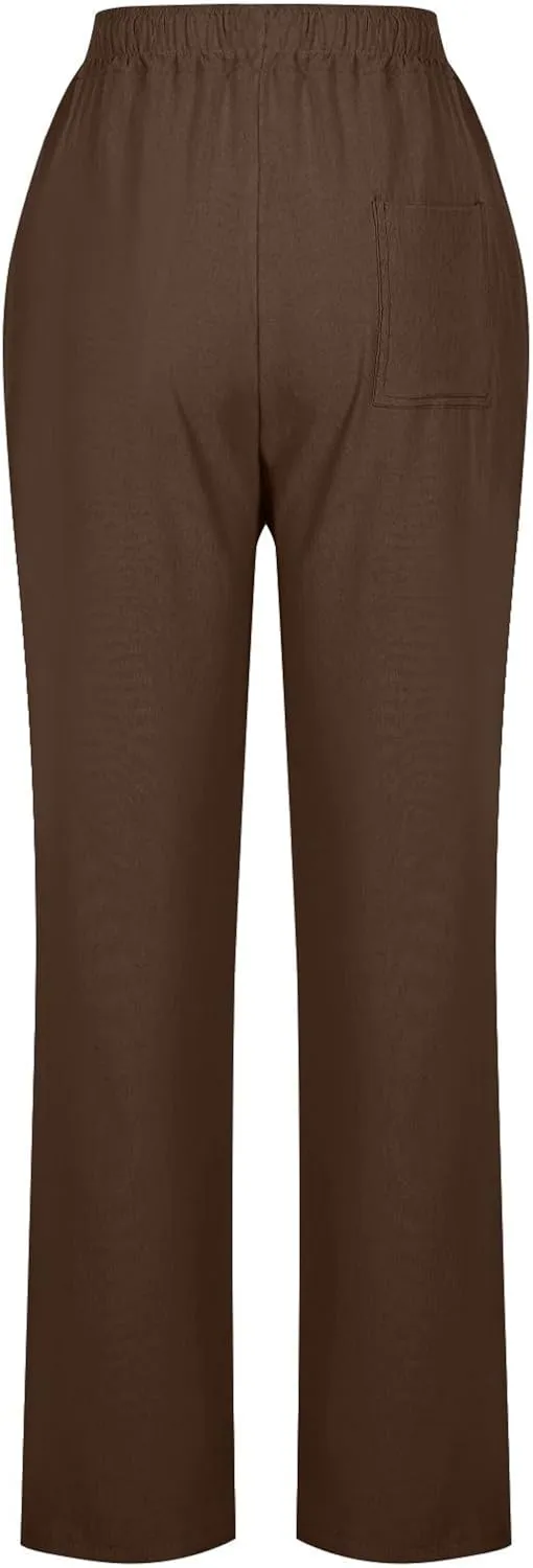 Linen Pants for Women Summer Casual Elastic Drawstring Waist Lightweight Pants Solid Wide Leg Trousers with Pockets