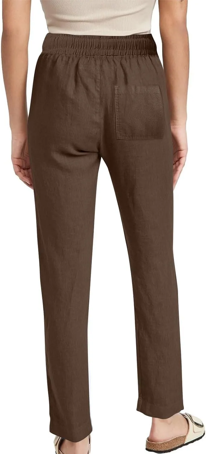 Linen Pants for Women Summer Casual Elastic Drawstring Waist Lightweight Pants Solid Wide Leg Trousers with Pockets