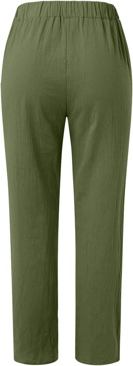 Linen Pants for Women Summer Casual Loose Beach Pant Lightweight High Waist Cropped Baggy Trousers with Pockets