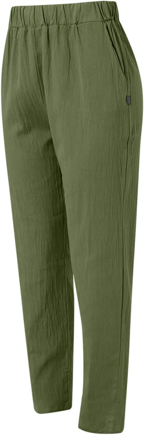 Linen Pants for Women Summer Casual Loose Beach Pant Lightweight High Waist Cropped Baggy Trousers with Pockets