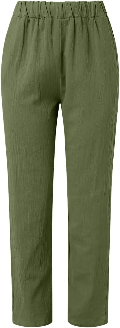 Linen Pants for Women Summer Casual Loose Beach Pant Lightweight High Waist Cropped Baggy Trousers with Pockets