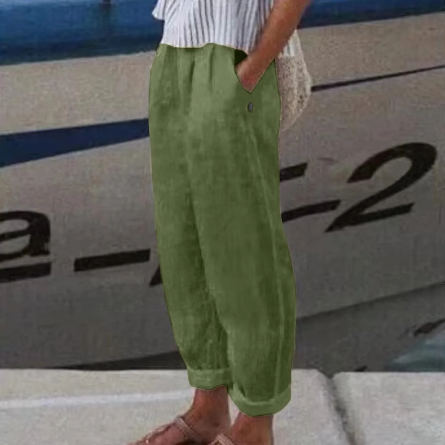 Linen Pants for Women Summer Casual Loose Beach Pant Lightweight High Waist Cropped Baggy Trousers with Pockets
