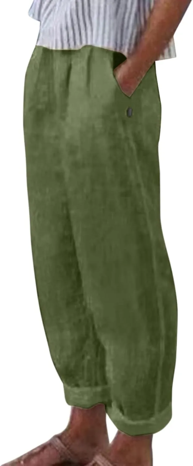 Linen Pants for Women Summer Casual Loose Beach Pant Lightweight High Waist Cropped Baggy Trousers with Pockets