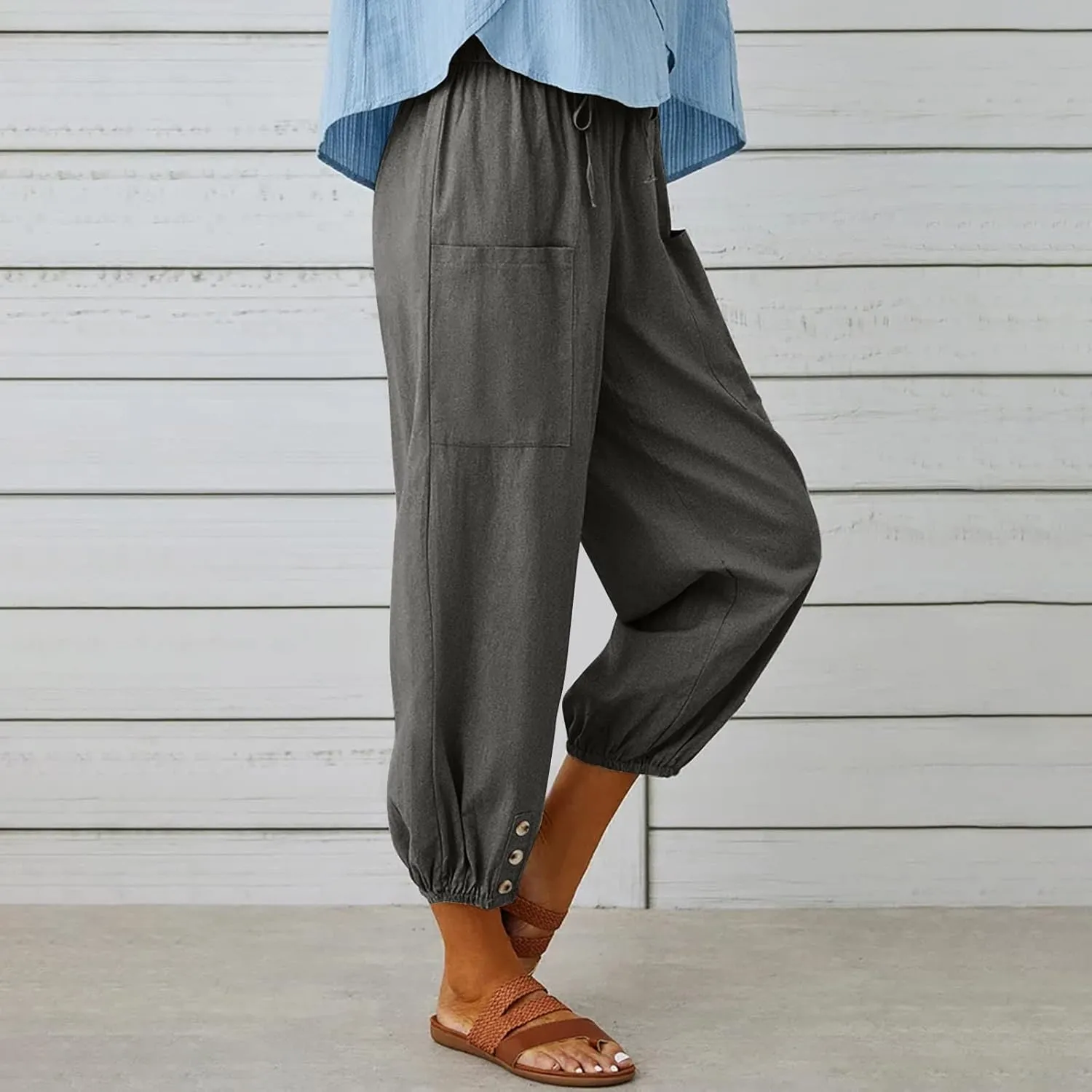 Linen Pants for Women Summer Elastic High Waist Lounge Pant Wide Leg Cropped Trousers Pocketed Beach Vacation Wear