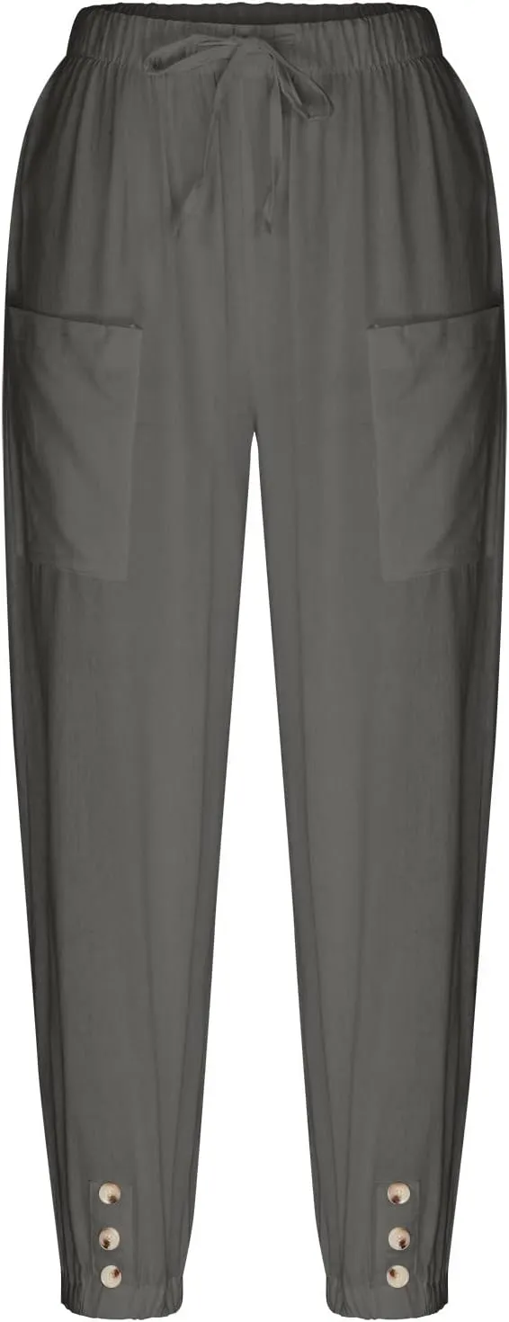 Linen Pants for Women Summer Elastic High Waist Lounge Pant Wide Leg Cropped Trousers Pocketed Beach Vacation Wear