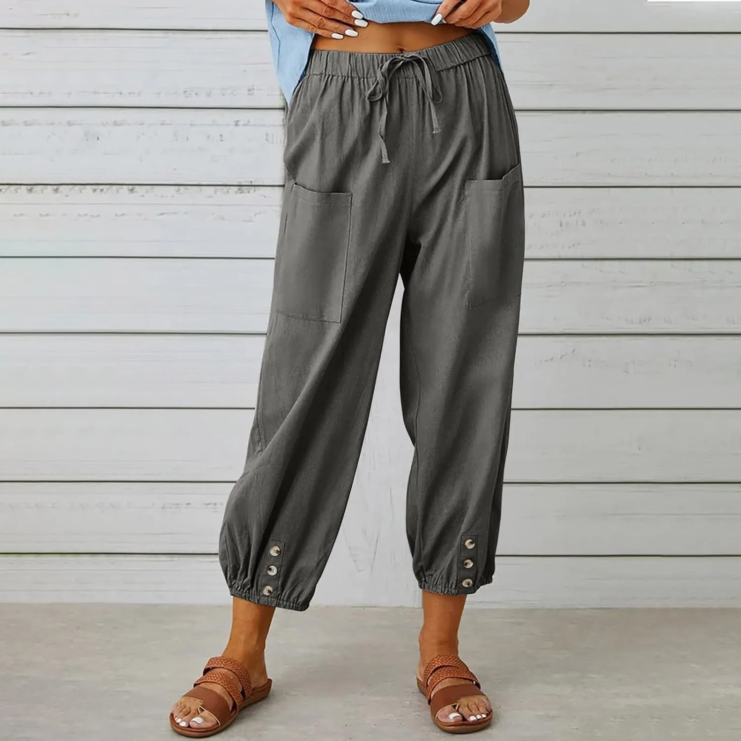 Linen Pants for Women Summer Elastic High Waist Lounge Pant Wide Leg Cropped Trousers Pocketed Beach Vacation Wear