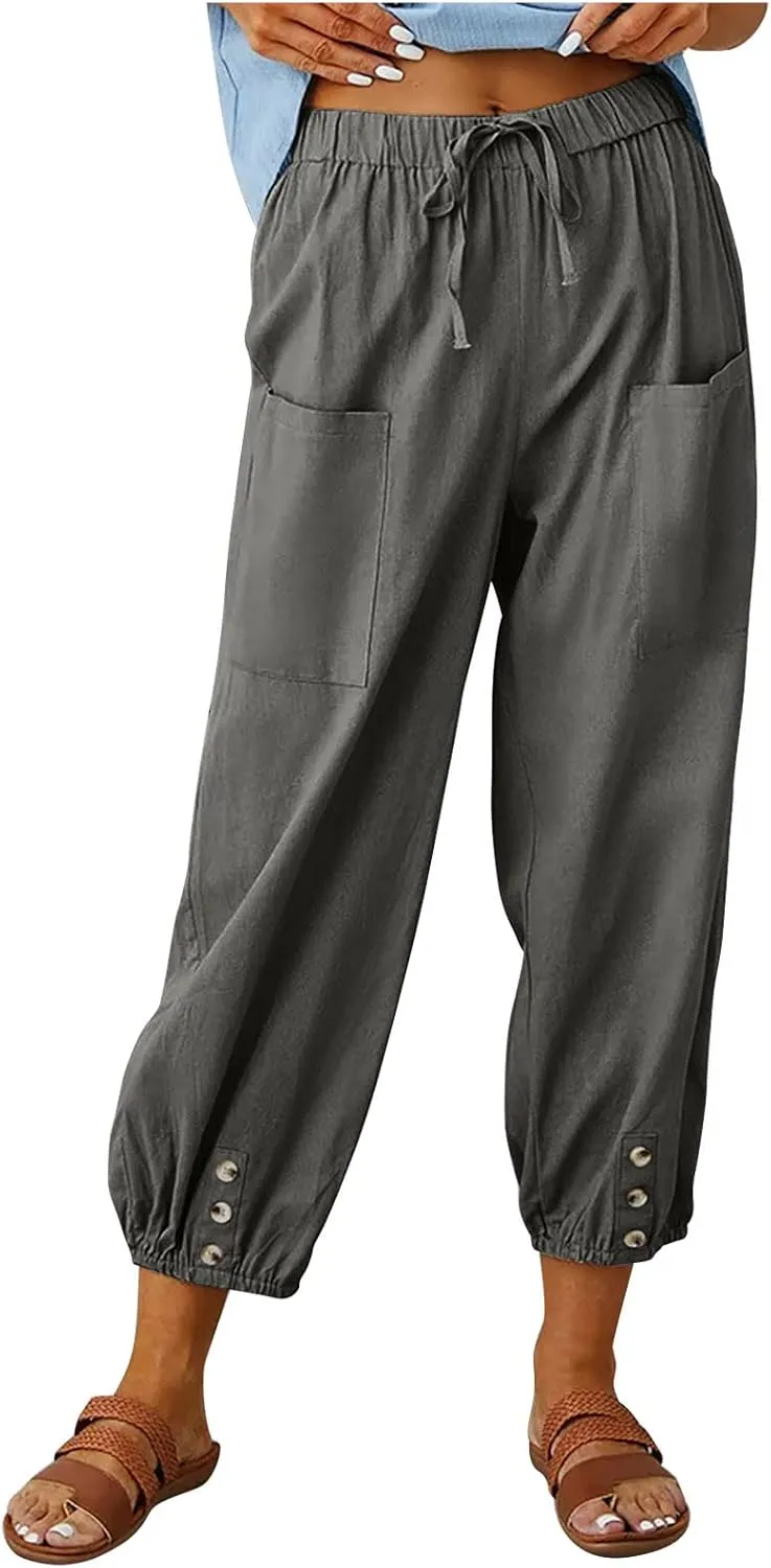 Linen Pants for Women Summer Elastic High Waist Lounge Pant Wide Leg Cropped Trousers Pocketed Beach Vacation Wear