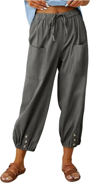 Linen Pants for Women Summer Elastic High Waist Lounge Pant Wide Leg Cropped Trousers Pocketed Beach Vacation Wear