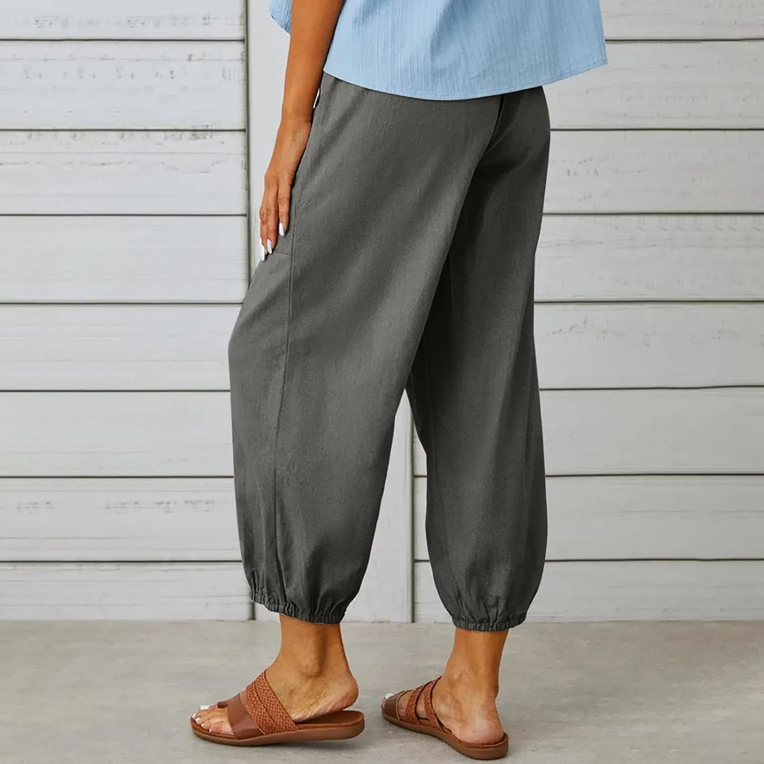 Linen Pants for Women Summer Elastic High Waist Lounge Pant Wide Leg Cropped Trousers Pocketed Beach Vacation Wear
