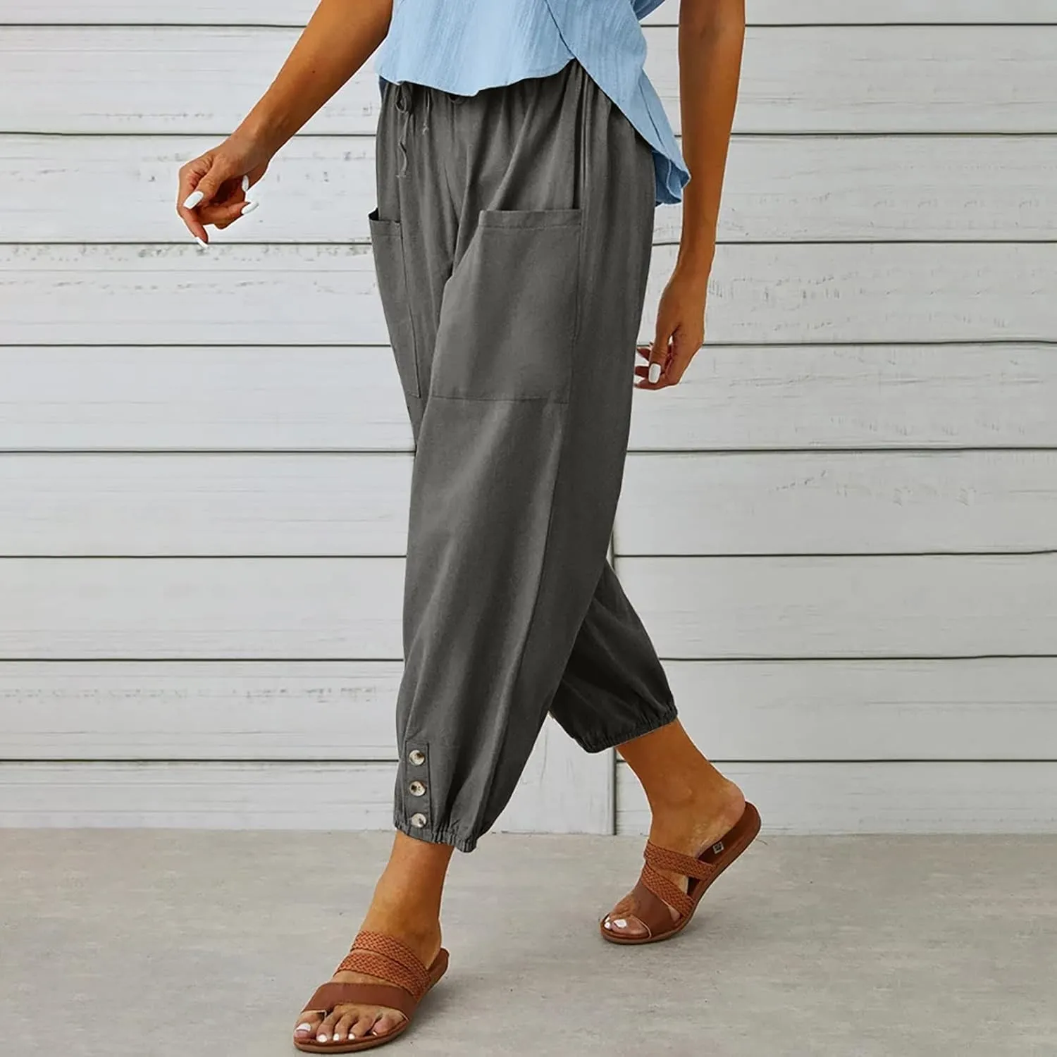 Linen Pants for Women Summer Elastic High Waist Lounge Pant Wide Leg Cropped Trousers Pocketed Beach Vacation Wear