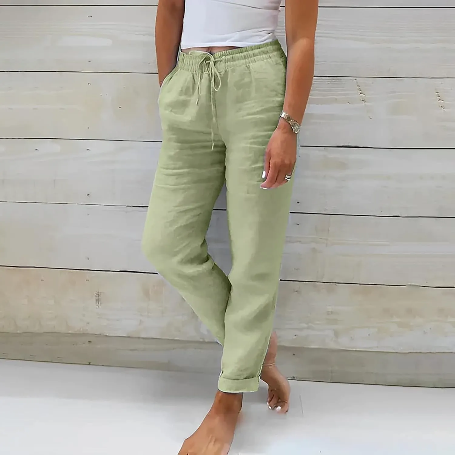 Linen Pants for Women Summer Lightweight High Waist Baggy Pants Loose Fit Comfy Straight Leg Trouser with Pockets