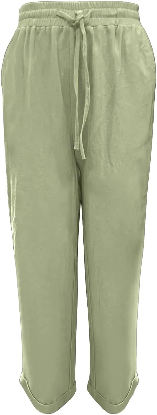 Linen Pants for Women Summer Lightweight High Waist Baggy Pants Loose Fit Comfy Straight Leg Trouser with Pockets