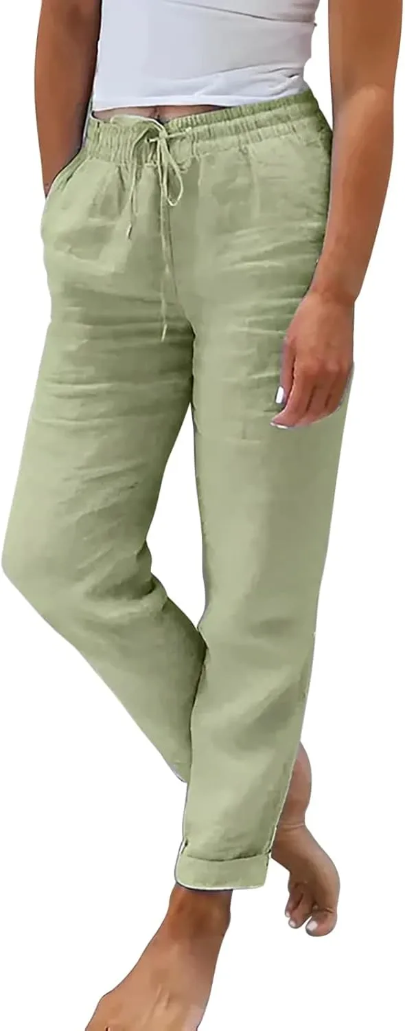 Linen Pants for Women Summer Lightweight High Waist Baggy Pants Loose Fit Comfy Straight Leg Trouser with Pockets