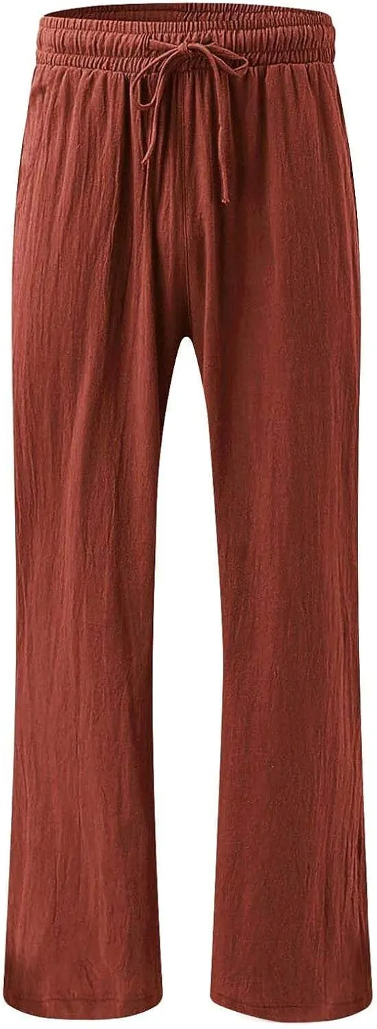 Linen Pants for Women Summer Wide Leg Palazzo Pants Drawstring Elastic Waist Loose Boho Pants Casual Beach Trousers