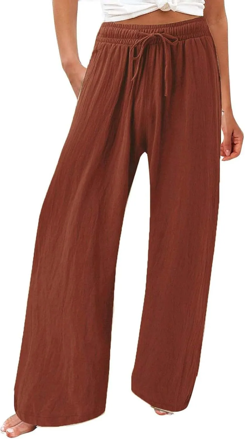 Linen Pants for Women Summer Wide Leg Palazzo Pants Drawstring Elastic Waist Loose Boho Pants Casual Beach Trousers