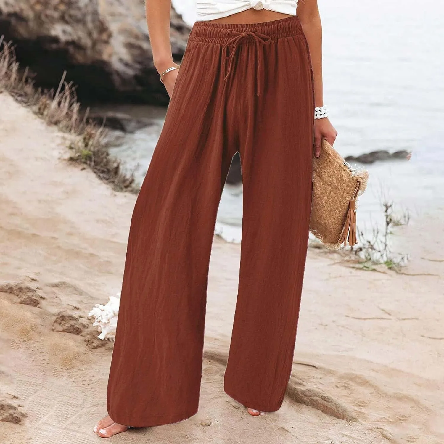 Linen Pants for Women Summer Wide Leg Palazzo Pants Drawstring Elastic Waist Loose Boho Pants Casual Beach Trousers