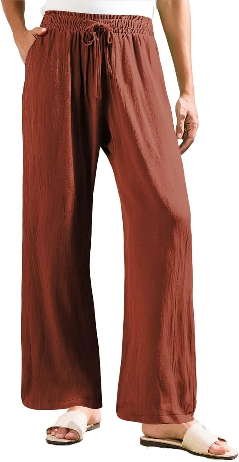 Linen Pants for Women Summer Wide Leg Palazzo Pants Drawstring Elastic Waist Loose Boho Pants Casual Beach Trousers