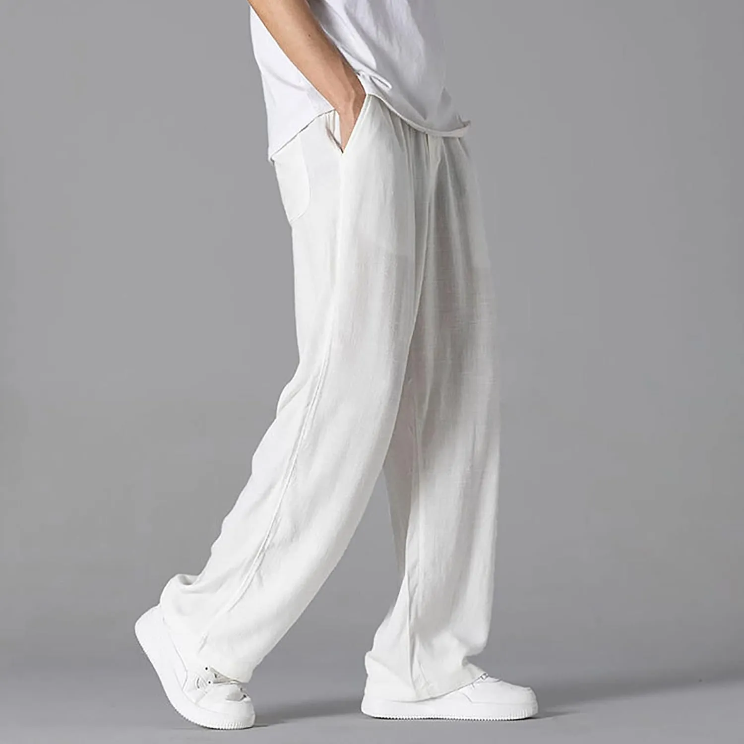 Linen Pants Men Tapered Leg Casual Drawstring Elastic Waist Beach Yoga Pants Summer Lightweight Trousers with Pockets