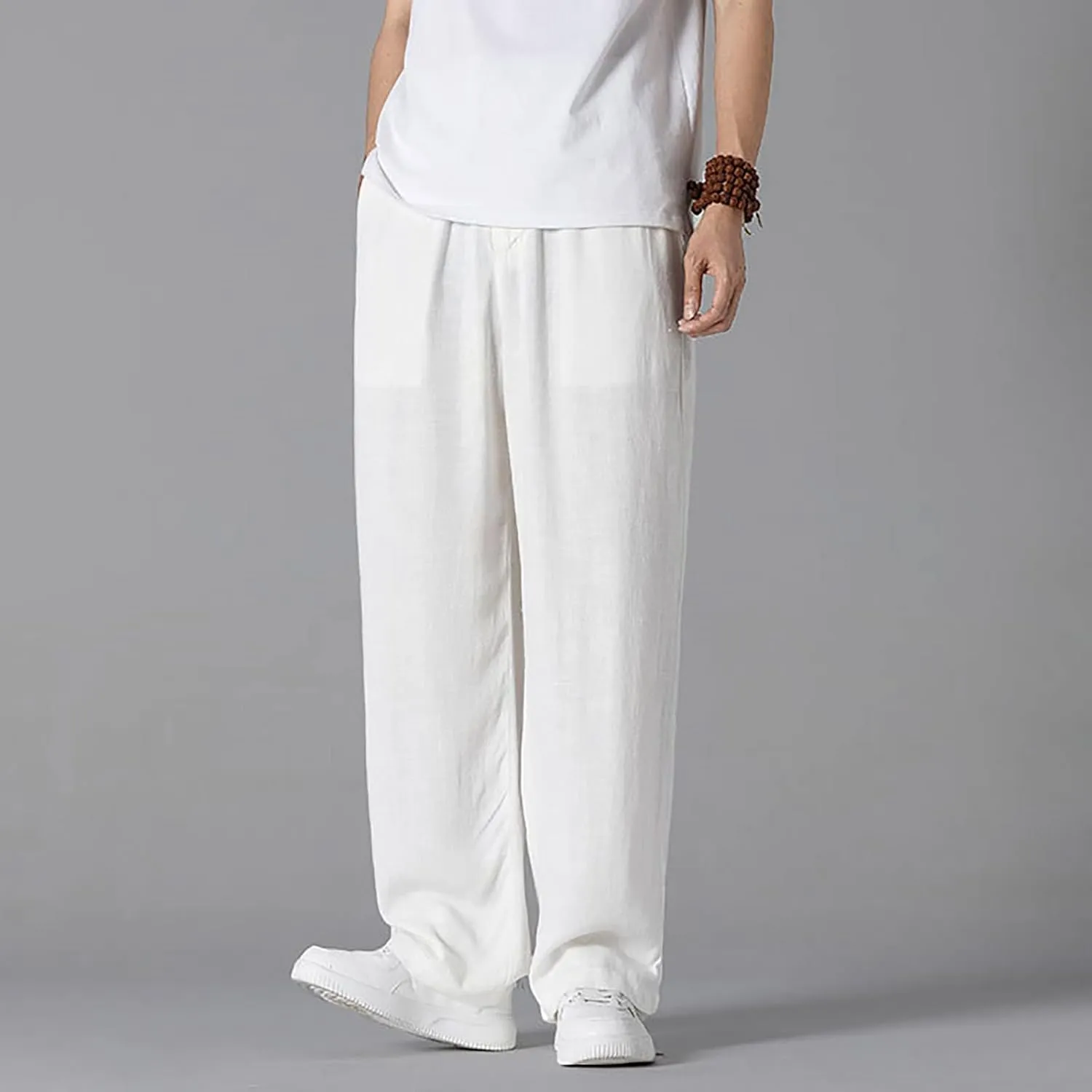 Linen Pants Men Tapered Leg Casual Drawstring Elastic Waist Beach Yoga Pants Summer Lightweight Trousers with Pockets