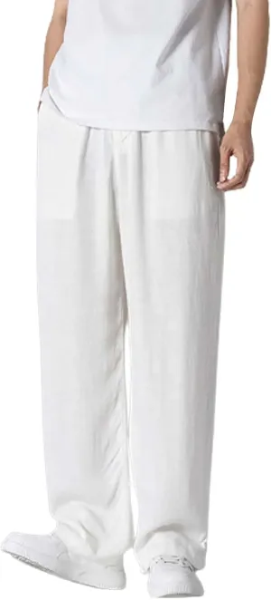 Linen Pants Men Tapered Leg Casual Drawstring Elastic Waist Beach Yoga Pants Summer Lightweight Trousers with Pockets