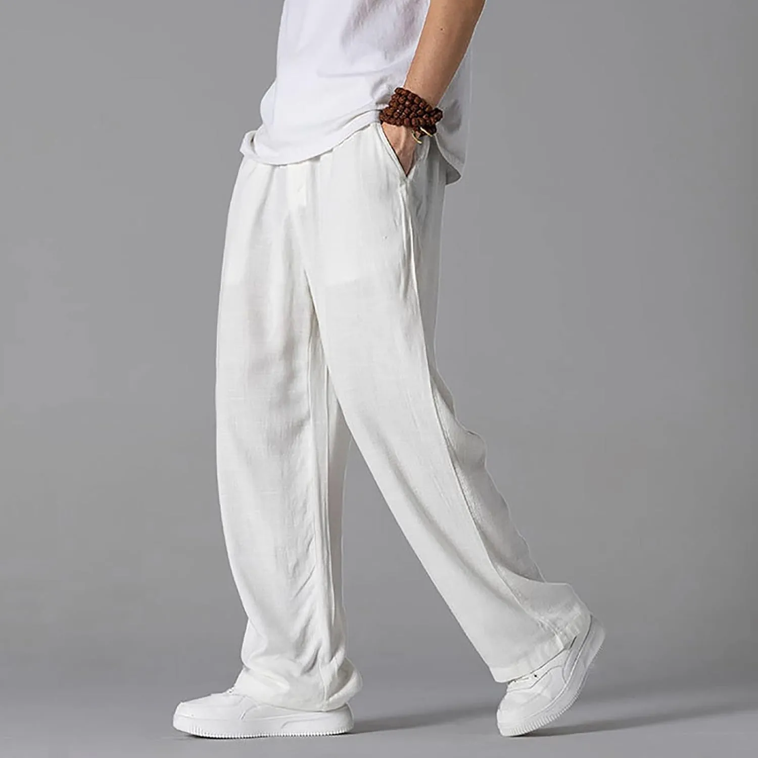 Linen Pants Men Tapered Leg Casual Drawstring Elastic Waist Beach Yoga Pants Summer Lightweight Trousers with Pockets