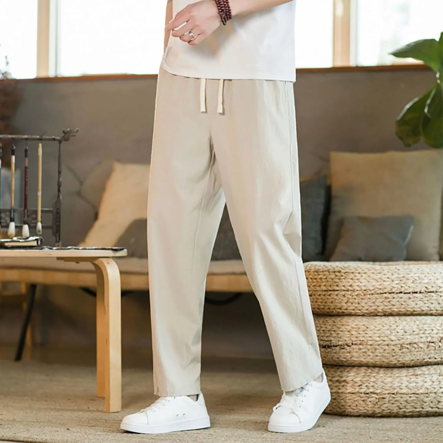 Linen Pants Men Tapered Leg Elastic Drawstring Waist Lounge Beach Pants Summer Casual Straight Leg Dress Trousers
